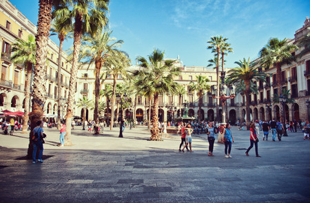 BARCELONA, SPAIN - MAY 02: Placa Reial (In Spanish Plaza Real, meaning Royal Plaza) is a square in...