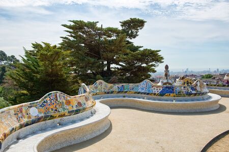 BARCELONA, SPAIN - MAY 02: Main Terrace at Parc Guell in Barcelona, Spaincentral terrace, with serpentine seating round its edge in May 02, 2015 in Barcelona, Spain.のeditorial素材