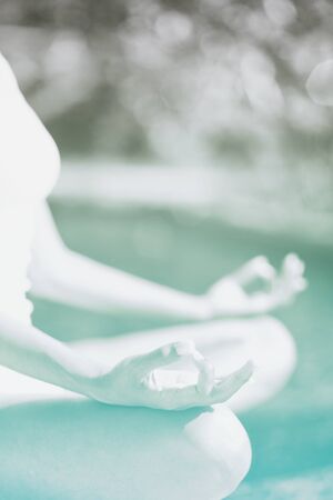Close up Hand Gesture of Woman Doing an Outdoor Lotus Yoga Position, an Activity to Stay Physically, Mentally and Spiritually Healthy.の写真素材