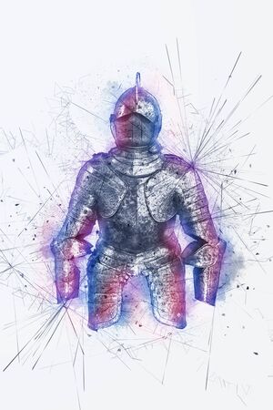 Artistic portrait of medieval knight surrounded by colorful paint splatterの写真素材