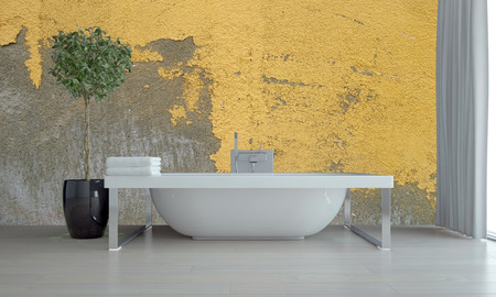 Bathroom interior with feature grunge yellow wall with peeling flaking paint and a freestanding bathtub with potted tree in front of floor to ceiling windows with grey blinds. 3d Rendering.の写真素材