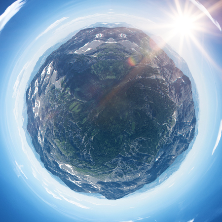 Abstract Fish Eye View of Mountain Landscape Globe and Bright Sun with Blue Sky