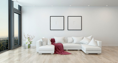 Architectural Interior of Open Concept Apartment in High Rise Condo - Red Throw Blanket on White...
