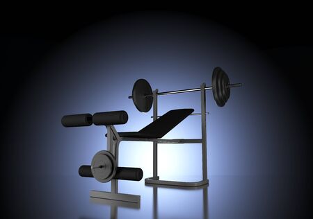Silhouette of Weight Bench with Barbell Backlit in Dark Studio by Central Cool Blue Light and Vignette Effectの写真素材