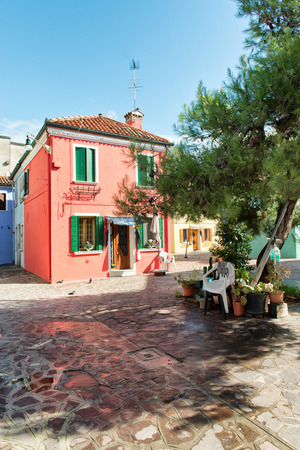 Street scene in famous Burano with its colorful houses near Venice, Italyのeditorial素材