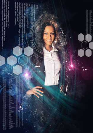 Beautiful business woman looking confident with hands on hips, surrounded by hexagons and light...