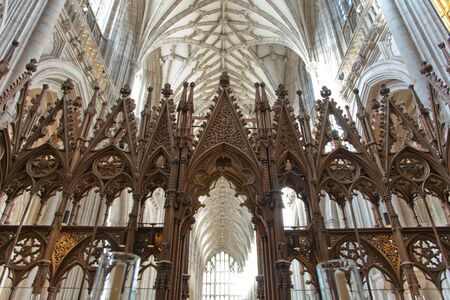 WINCHESTER, UK - FEBRUARY 07: The choir with its wooden carvings facing west inside Winchester Cathedral. February 07, 2016 in Winchester, UKのeditorial素材