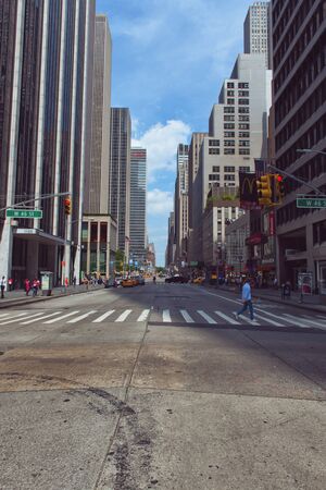 Looking Down Empty Street from Cross Walk on Fifth Avenue on Sunny Day in Manhattan, New York City, New York, USAのeditorial素材