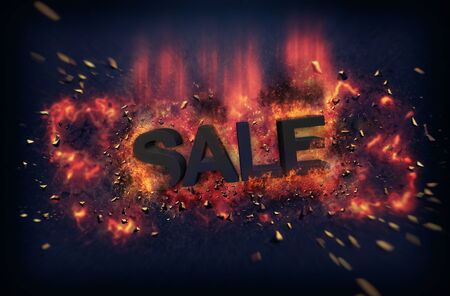 Burning orange fiery flames and explosive sparks on a dark background with the word - SALE - in black text for a dramatic poster designの写真素材