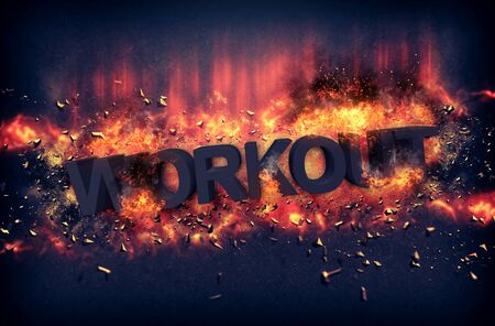 Burning orange fiery flames and explosive sparks on a dark background with the word - WORKOUT - in...