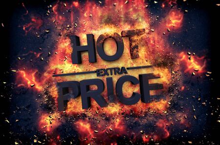 Burning orange fiery flames and explosive sparks on a dark background with the word - HOT PRICE - in black text for a dramatic poster designの写真素材