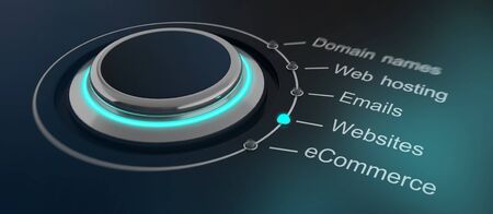 Futuristic green glowing round button or dial with internet and website marketing terms to select. 3d Rendering.の写真素材