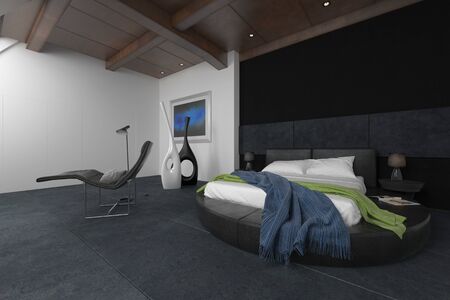 3D render of messy bed covered by blue and green blankets in room with recliner, floor lamp and black and white abstract sculptures in background. 3d Rendering.の写真素材