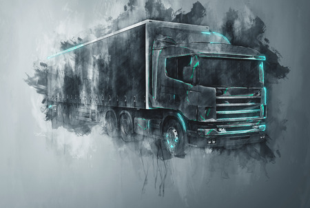 Single abstract tractor trailer truck in gray paint strokes and flat dark background with rough painterly dripping effectの写真素材