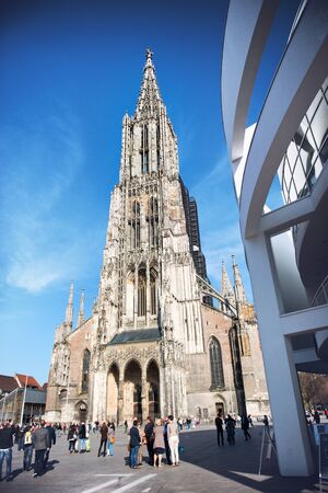 Architectural Exterior of Facade of Ulm Minster Church, a Lutheran Church in Ulm, Germany and Popular Tourist Attraction with Tallest Steeple in the Worldのeditorial素材