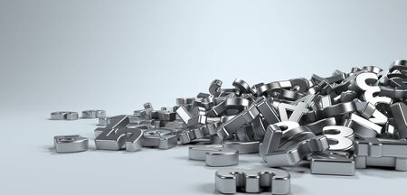 Pile or bunch of metal iron figures numbers isolated on white background. Concept image for education, maths, business or calculation. 3d Rendering.の写真素材