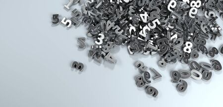 Pile or bunch of metal iron figures numbers isolated on white background. Concept image for...