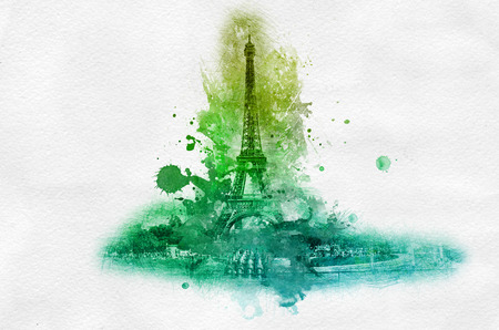 Symbolic celebration or souvenir graphic with Eiffel tower in France portrayed in splattered green paint over gray backgroundの写真素材