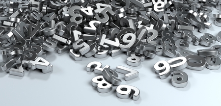 Pile or bunch of metal iron figures numbers isolated on white background. Concept image for education, maths, business or calculation. 3d Rendering.の写真素材