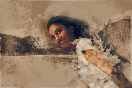 Abstract illustration of woman in an alpine surrounding. Paint sketch art with splatters.の写真素材