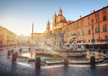 Piazza Navona with the Neptune Fountain during sunrise, Rome, Italyのeditorial素材