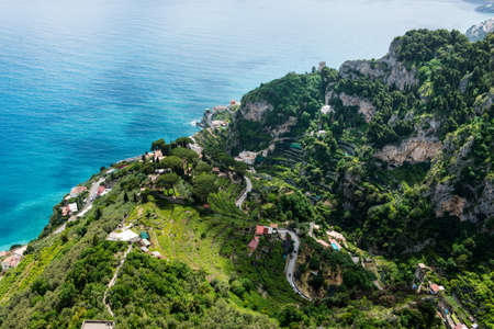 Aerial scenic picture-postcard view of famous Amalfi Coast with Gulf of Salerno from Ravello, Campania, Italyの写真素材