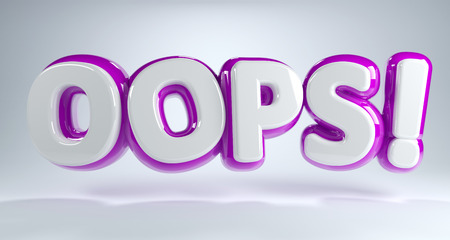 Colorful 3d Oops icon with magenta and white lettering and a shadow floating over a graduated grey...