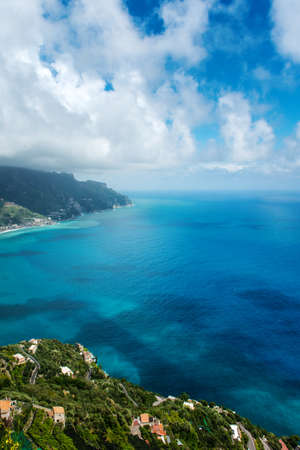 Aerial scenic picture-postcard view of famous Amalfi Coast with Gulf of Salerno from Ravello,...