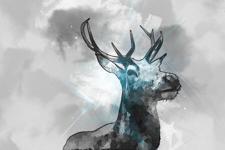 Hand drawn watercolor painting of a buck with branched antlers and a dark outline, low angle view of the head and shoulders against grey washed cloudsの写真素材