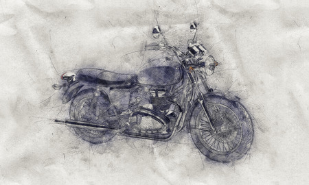 Grunge aged pencil sketch of a motorcycle on crumpled textured white paper with smudge or shading effectの写真素材