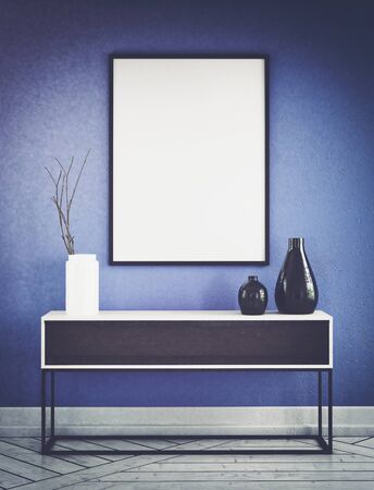 Vignette scene with shelf in front of blue wall and empty black and white picture frame. 3d Rendering.の写真素材