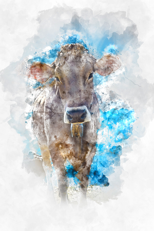 Artistic watercolor sketch of a brown cow with brushstroke texture standing looking curiously at the viewer against a blue skyの写真素材