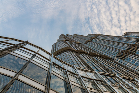 Looking up the exterior facade of the Burj Khalifa, the tallest manmade structure in the world located in Dubai, UAEのeditorial素材