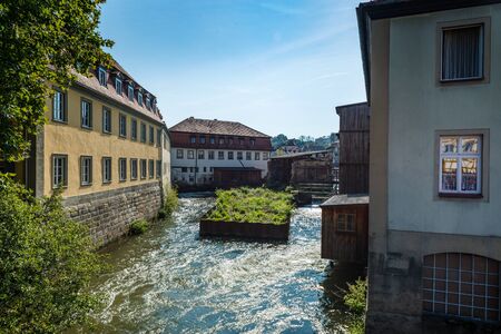 River Regnitz in historic medieval city of Bamberg, Germanyのeditorial素材
