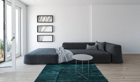 Modern comfortable grey day bed sofa in a living room interior with throw rug in front of large plate glass windows and sliding door onto a patio, 3d renderの写真素材