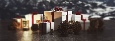Christmas panorama banner of gifts and candles arranged in a line with pine cones with focus to the central gift with red ribbon on a backdrop of snowy winter mountains. 3d Rendering.の写真素材