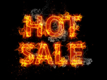 Blazing Hot Sale design template with flaming fiery orange letters and incendiary sparks on a black background for promotional advertisingの写真素材