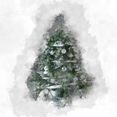 Christmas card with decorated natural evergreen tree and paint effect brush strokes as a surround on textured paper with copy spaceの写真素材