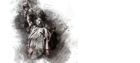 Water color painting of the Statue of Liberty with monochrome brushstrokes surrounding the figure and red accents in panoramic banner format with copy space on a white backgroundの写真素材