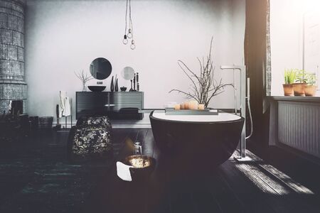 Vignette and Washed Out View of Luxury Bathroom with Free Standing Bathtub and Large Bright Windows