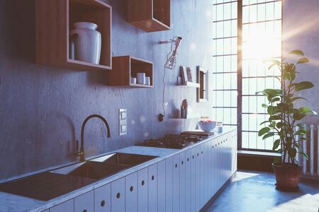 3D rendered kitchen scene with various sized wooden shelves and windows with sunlight pouring throughの写真素材