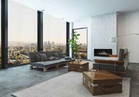 3d rendered interior of a large spacious living room with city view with modern designer furniture...