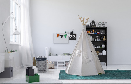 Small white wigwam or tepee in a modern monochromatic kids nursery with neatly stored toys and a colorful green rug. 3d Rendering.の写真素材