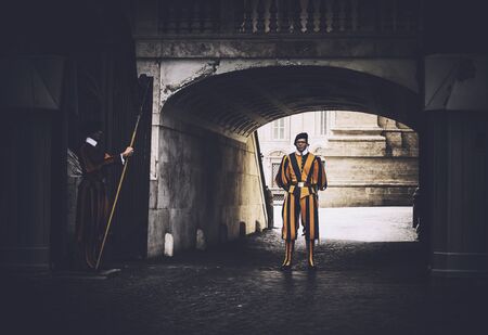 VATICAN CITY, VATICAN - MAY 19, 2016: A pair of Papal Swiss guards in their traditional uniforms stand guard at the entrance of Saint Peter's Basilica on May 19, 2016.のeditorial素材