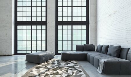 Large spacious open plan living room interior with floor to ceiling windows, grey modular sofas and a bold geometric patterned rug in a minimalist design. 3d Rendering.の写真素材