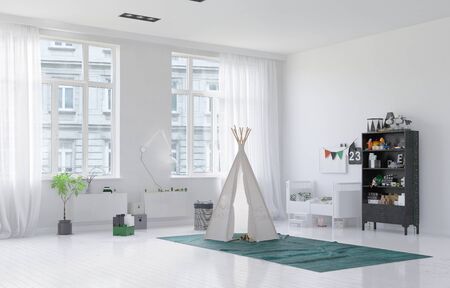 Small wigwam or tepee in a monochromatic modern white kids playroom or nursery with large windows and neatly stored toys on shelves. 3d Rendering.の写真素材