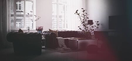 Darkened image of modern living room in city apartment building with indoor plant, couch and huge bright windows. 3d Rendering.の写真素材