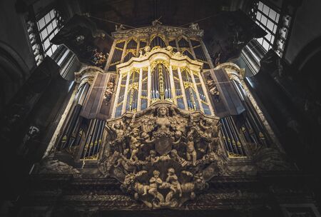 Historic pipe organ in Amsterdam cathedral, Netherlandsのeditorial素材