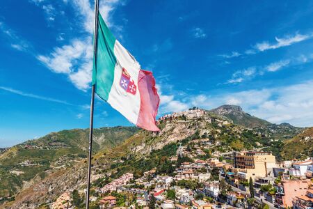 Picturesque Castelmola village as seen from Taormina, Sicily, Italyの写真素材
