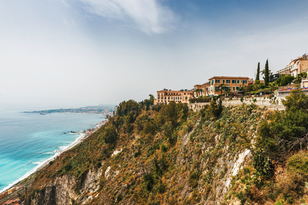 Cityscape of Taormina, located on a hillside in Sicily, Italyの写真素材